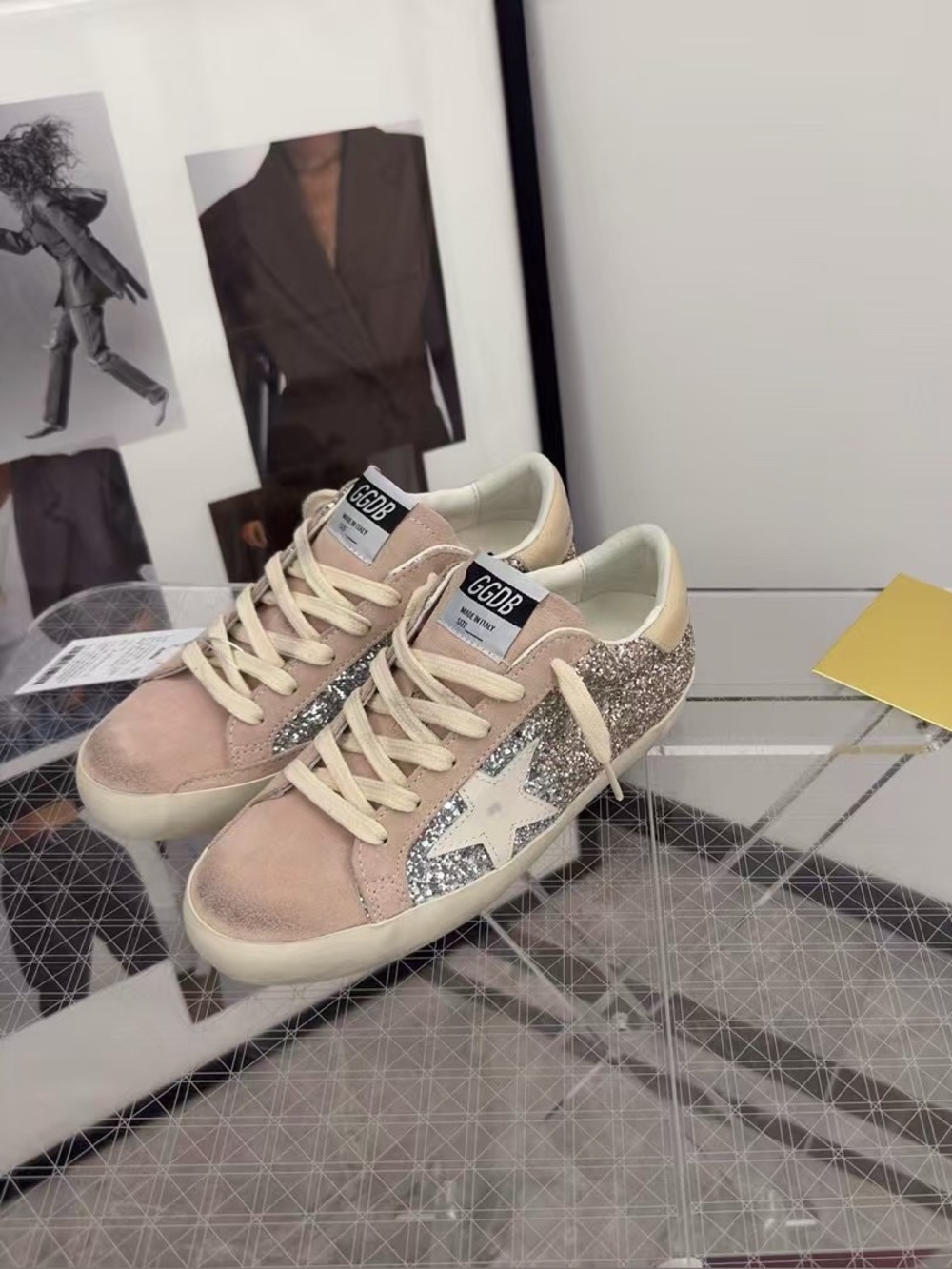 Golden Goose Blush Pink Suede Sneakers with Silver Glitter Star